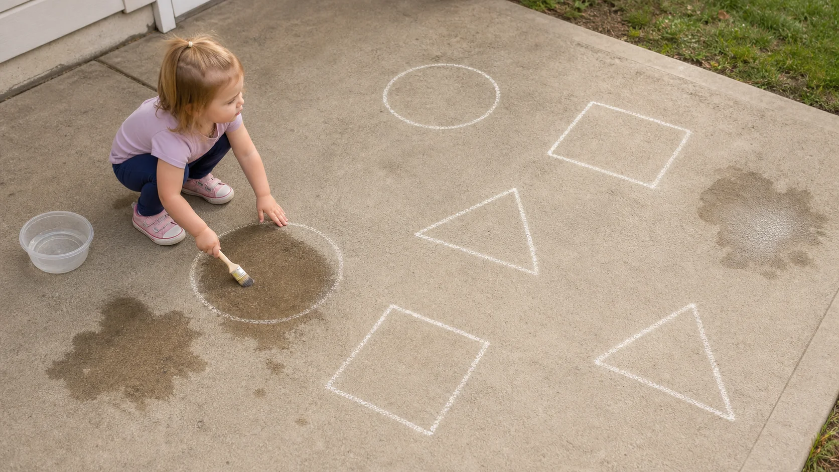 Toddler brushing water over a chalk circle on a sidewalk while matching shapes are nearby.