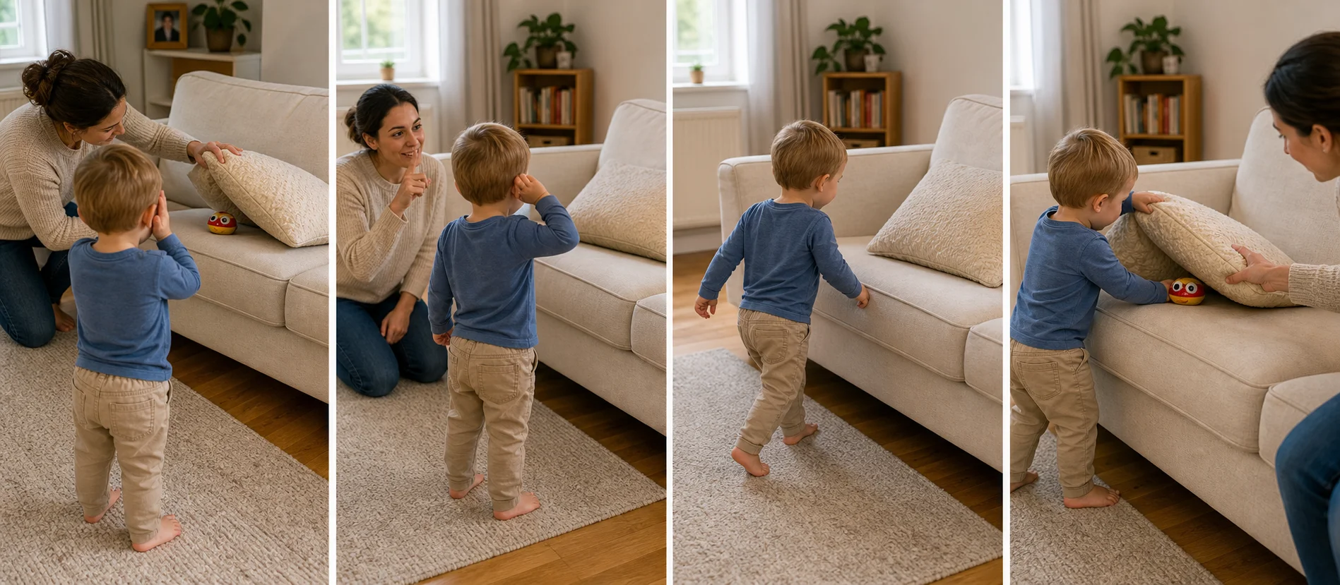 A multi-panel sequence showing a grown-up hiding a noisy toy, a child pausing to listen, the child moving toward the sound, and the child finding the hidden toy.