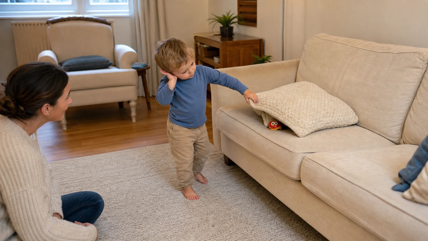 A young child listening in a living room while a grown-up hides a noisy toy behind a cushion for a simple sound-finding game.