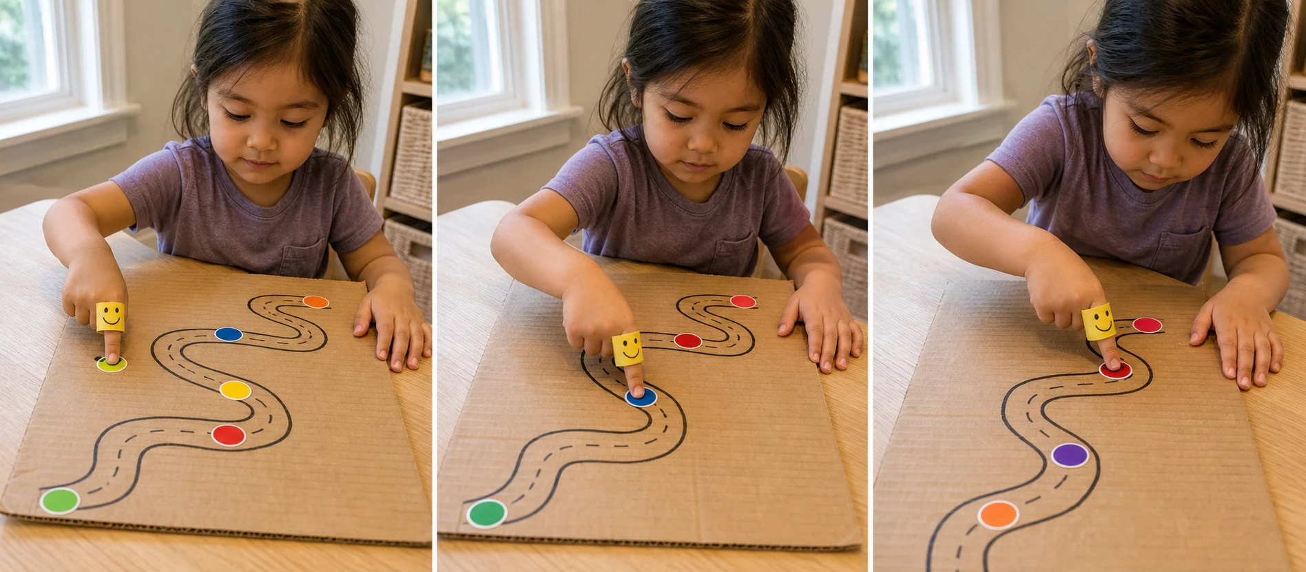 Three-panel sequence showing a paper ring puppet being made, a child walking it along a road, and the puppet pressing sticker stops.