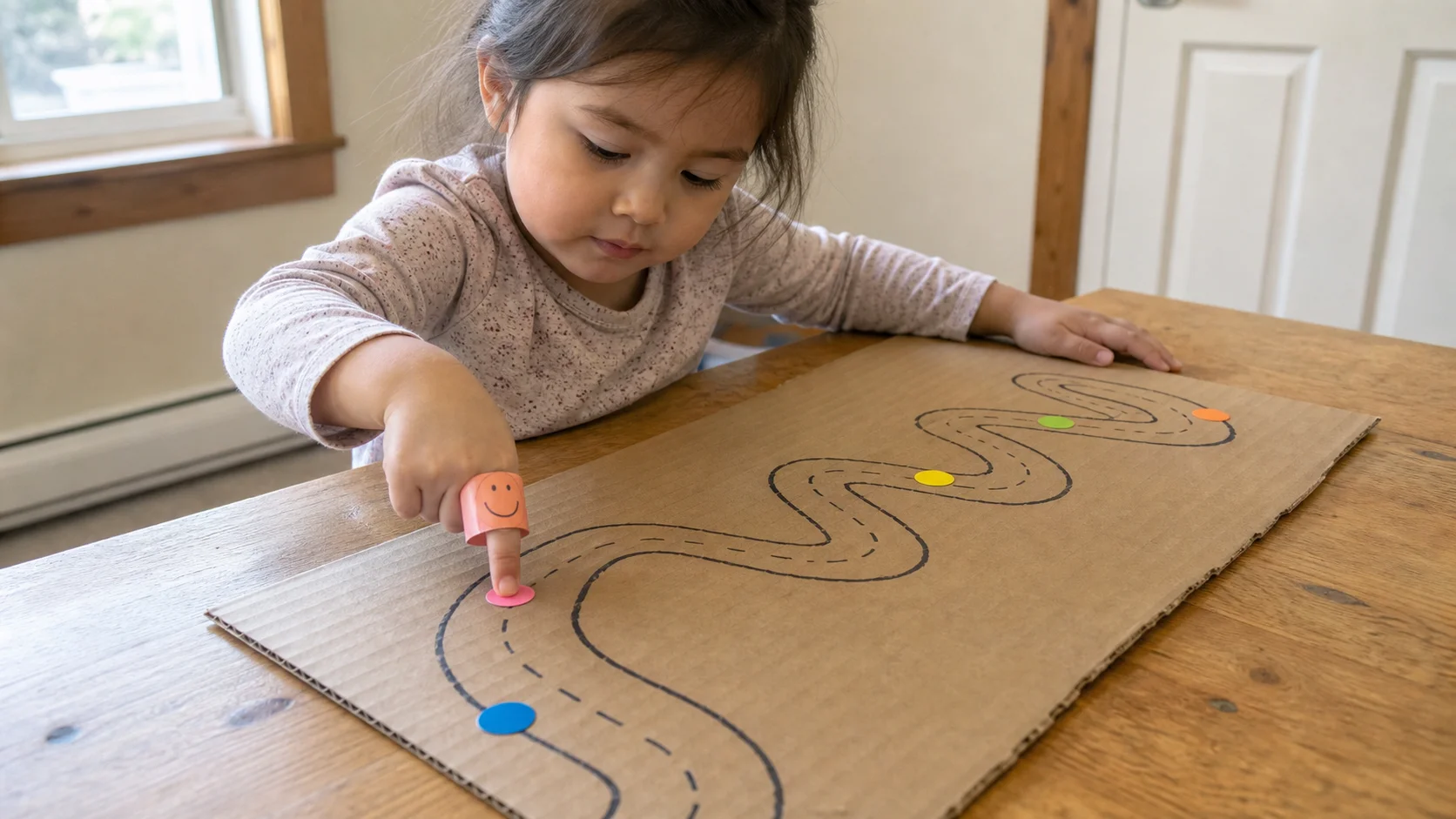 Preschooler wearing a paper finger puppet and pressing a sticker stop on a cardboard road.