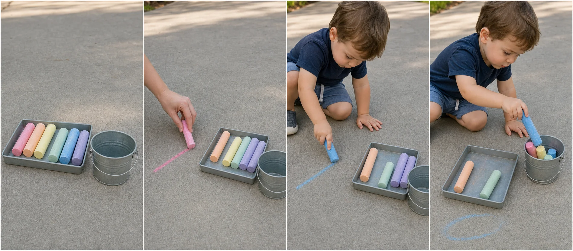 Four panels showing a tray of chalk and bucket on the ground, a grown-up modeling one chalk turn, a child dropping used chalk into the bucket, and the empty tray beside a full bucket at the end.