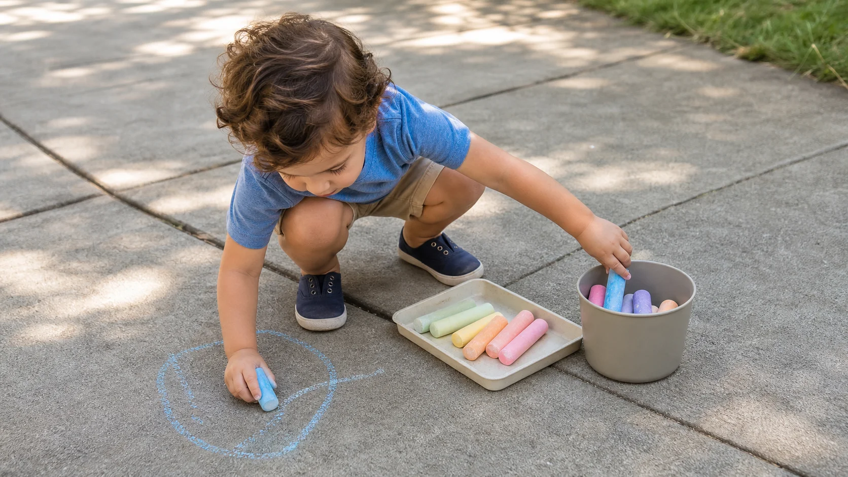 A young child outdoors drawing one chalk line on a driveway while a small finished bucket sits beside a tray of remaining chalk colors.