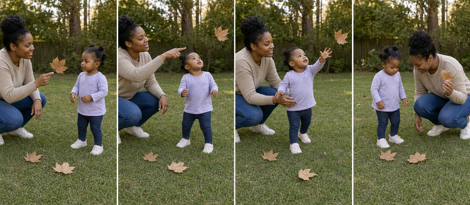 Sequence showing a grown-up pointing to a floater, a toddler tracking and reaching, and the pair spotting where it lands.