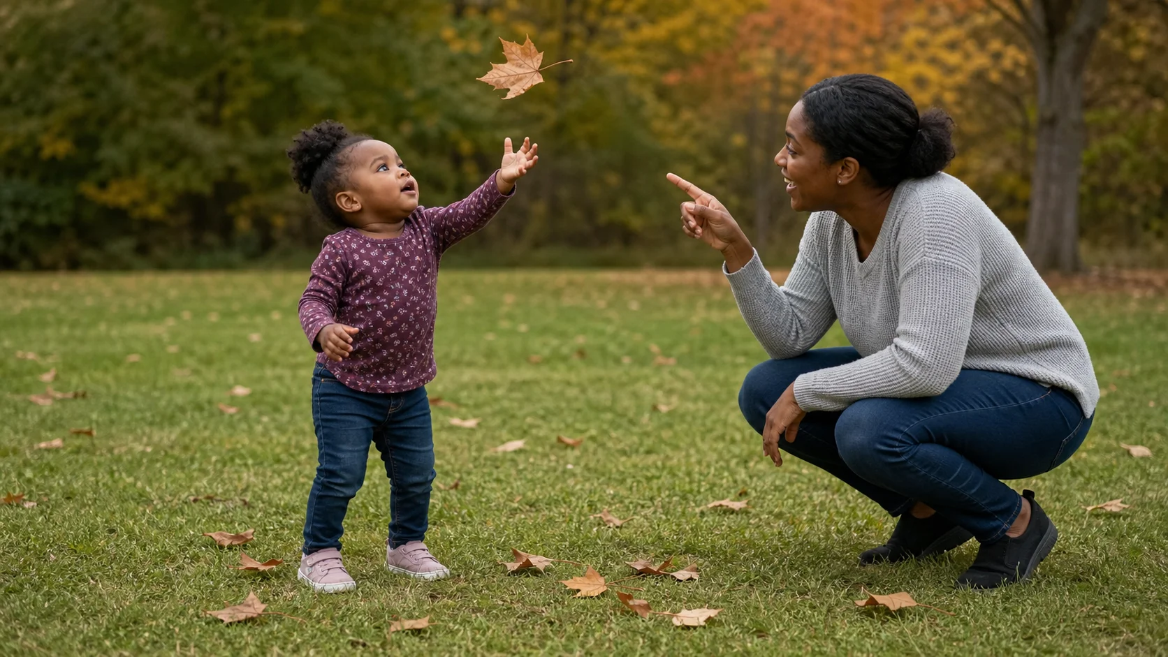 Toddler reaching toward a drifting leaf while a grown-up points nearby in an open outdoor spot.