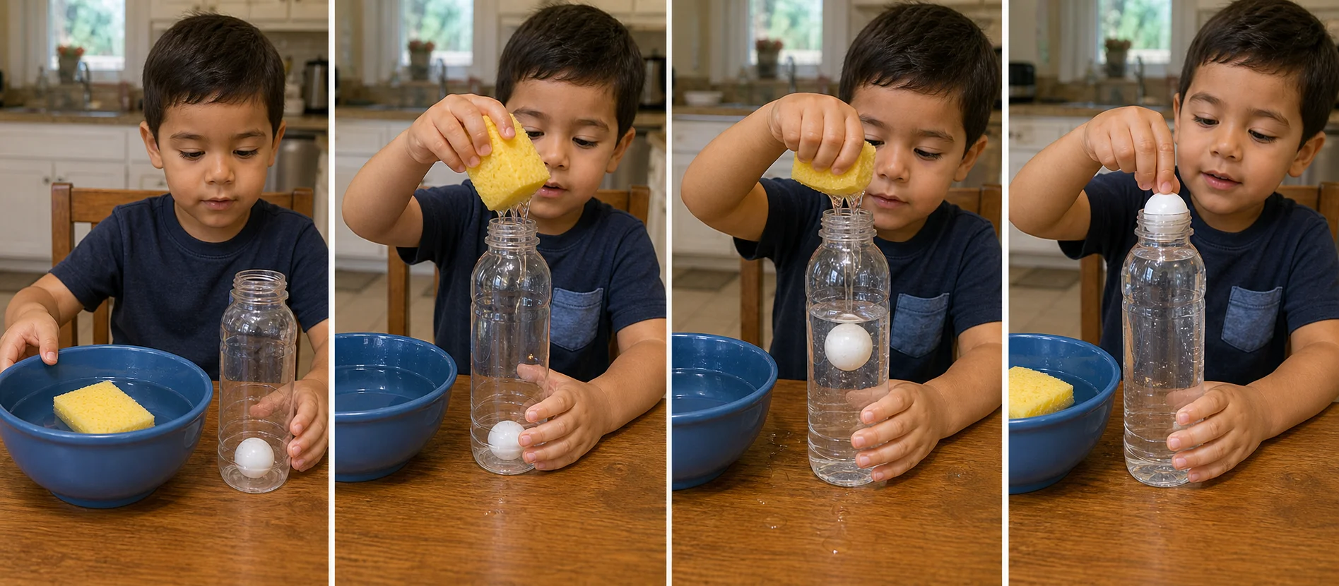 Three-panel sequence showing sponge dunking, water squeezing into the bottle, and the child pinching out the floating ball.