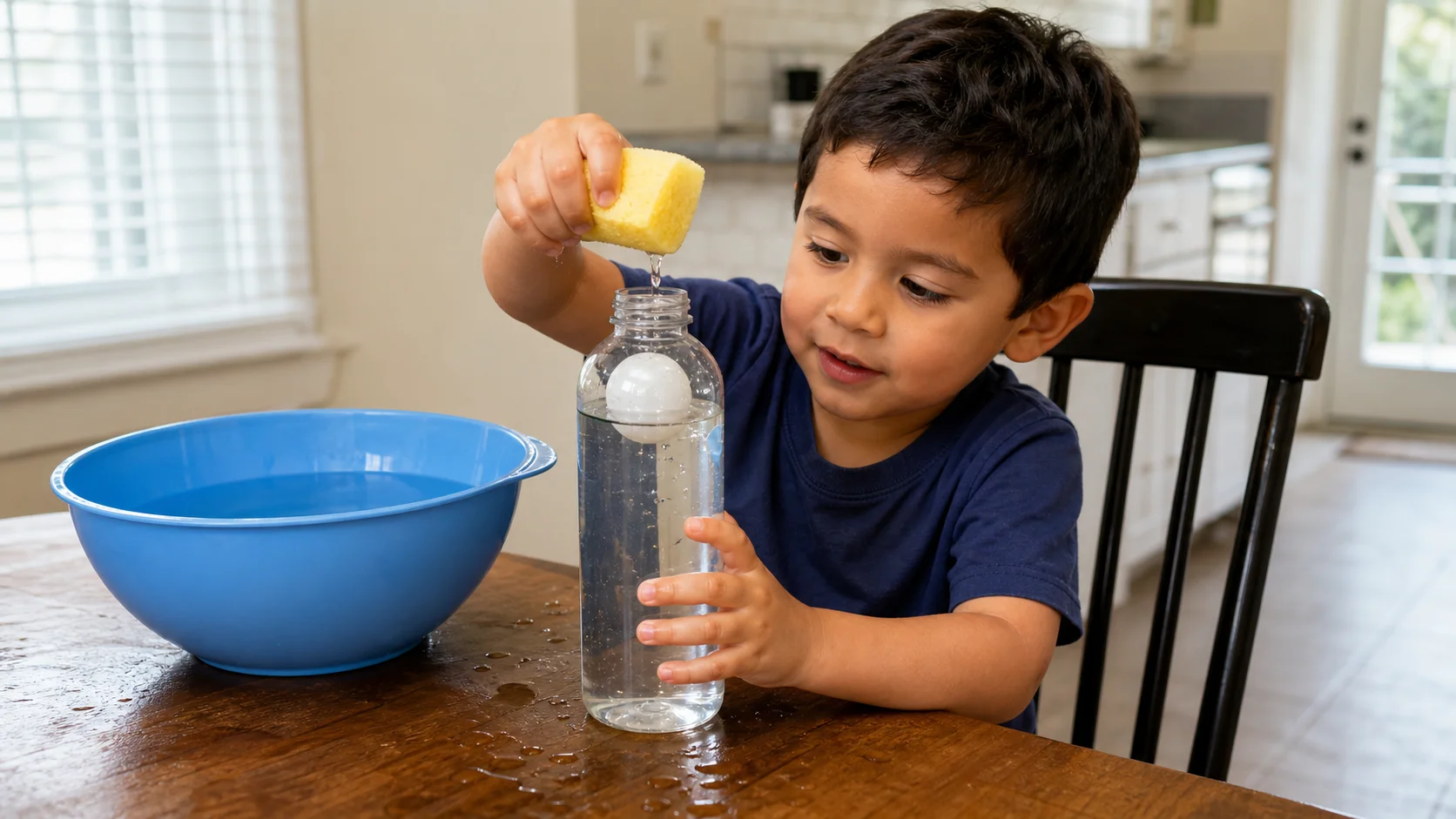 Child squeezing a wet sponge over a clear bottle while a ping pong ball floats upward inside.