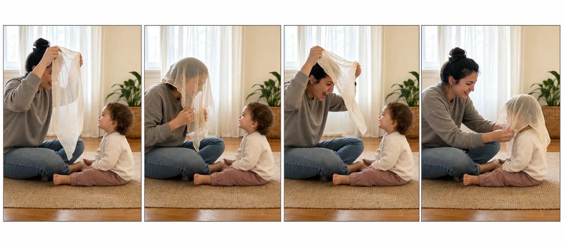 Four panels showing a grown-up lifting a scarf, letting it fall over a face, pulling it off, and repeating the reveal with a toddler.