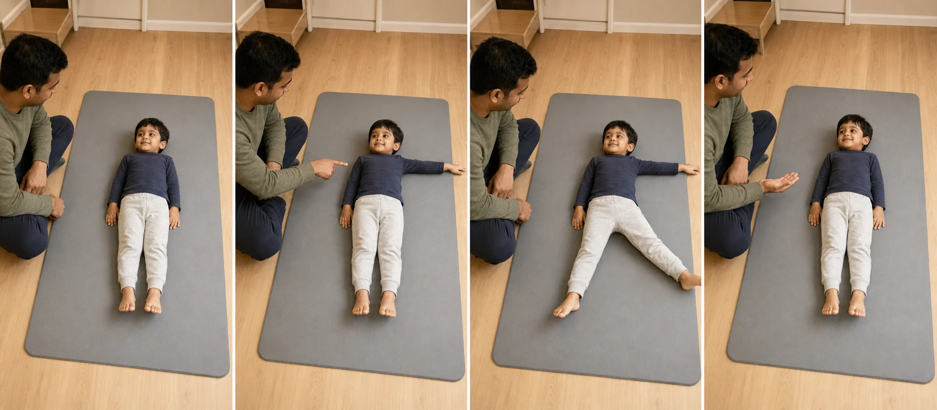 Multi-panel sequence showing a grown-up giving one limb cue, the child sliding out and in, trying a paired move, and resetting.