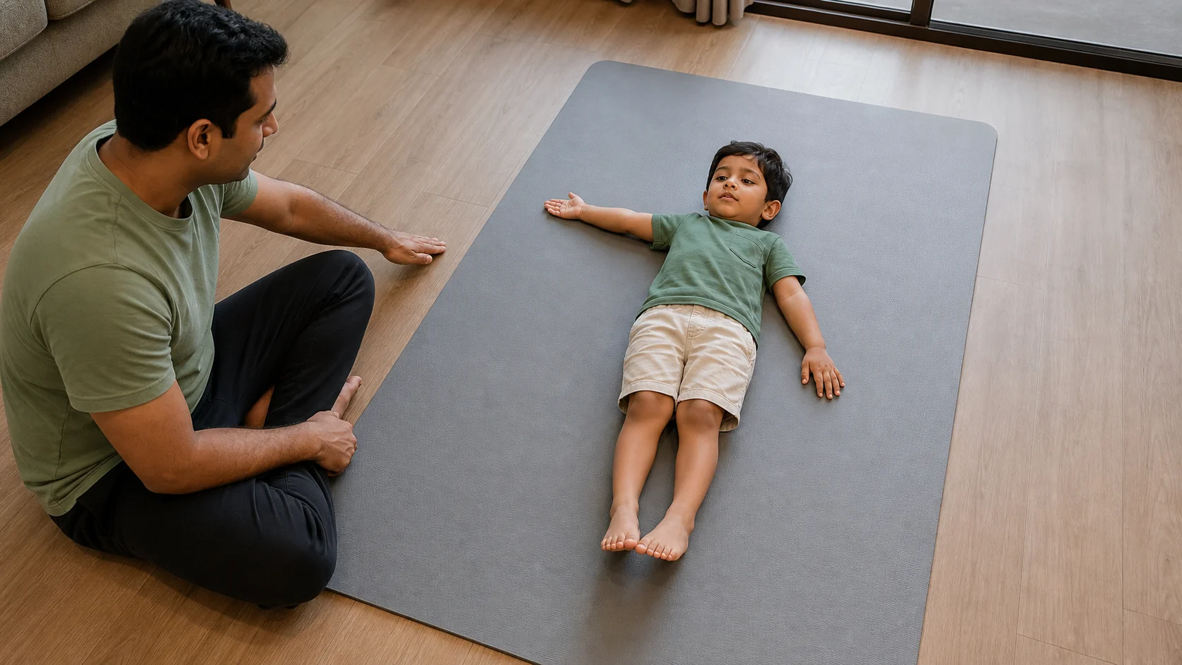 Child lying on a play mat sliding one arm outward for a floor snow angel while a grown-up models nearby.