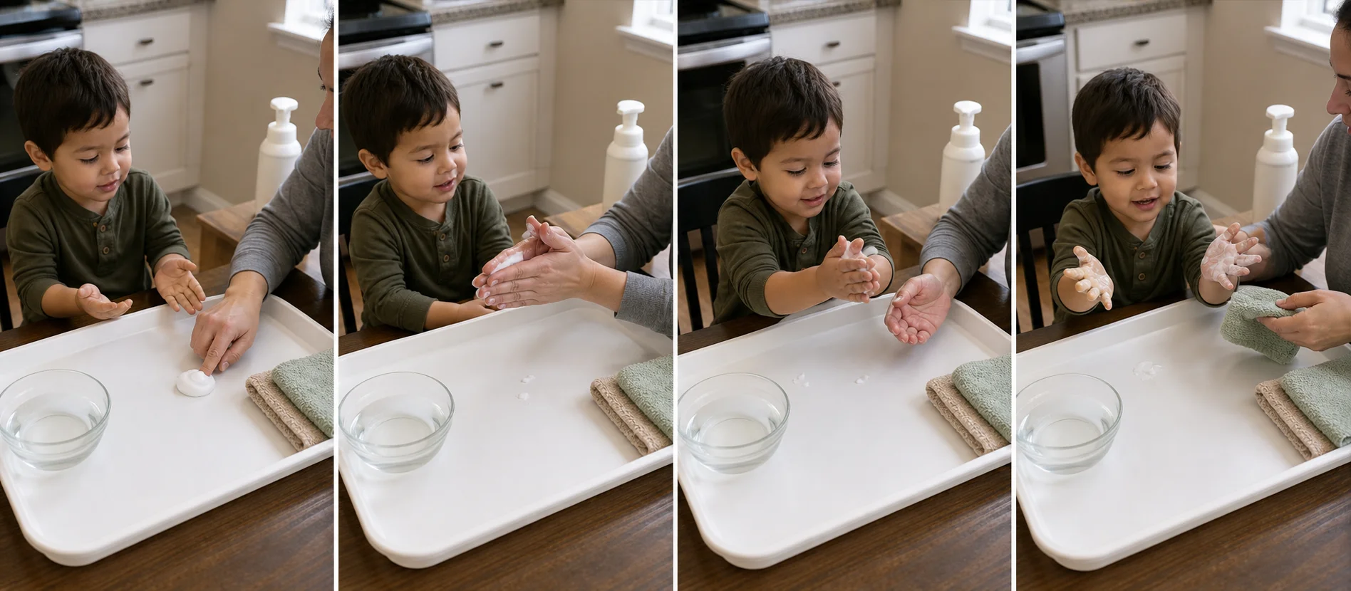 Sequence showing an adult model foam clap, child clapping once, hands opening to show foam snow, and hands wiping clean