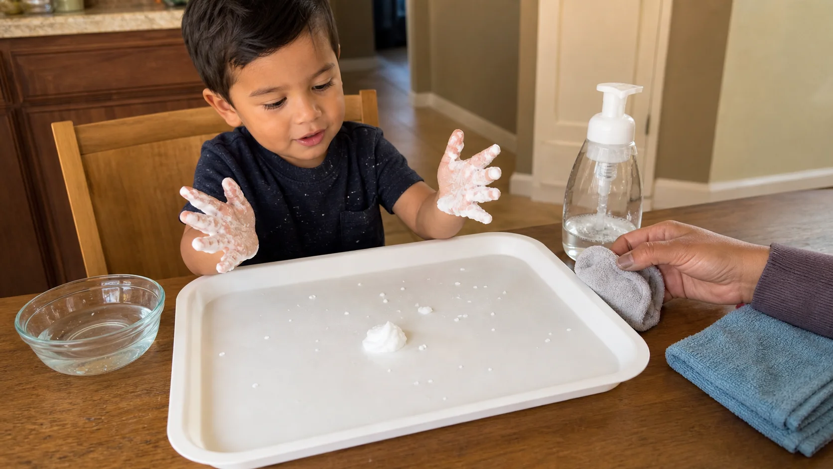 Child clapping a tiny puff of soap foam over a washable sink-side play spot