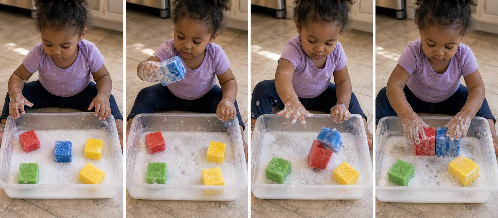 Four-panel sequence showing foam setup, block discovery, tower crash, and rebuilding inside the bin.