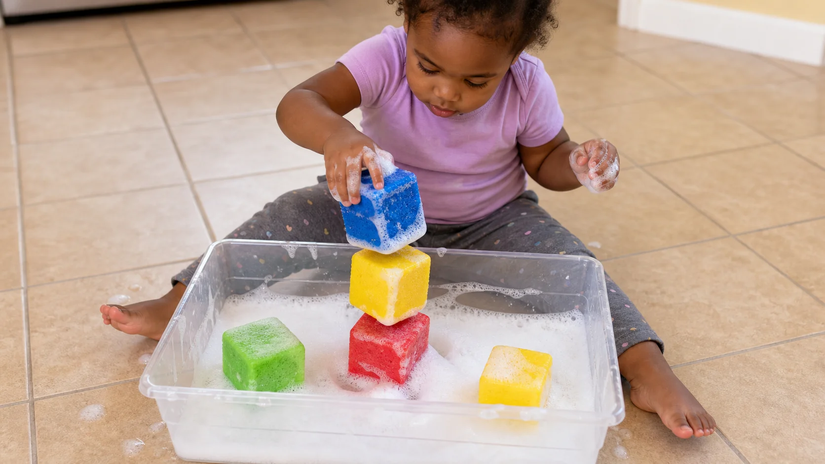 Toddler reaching into a shallow bin of soap foam to grab colorful blocks.