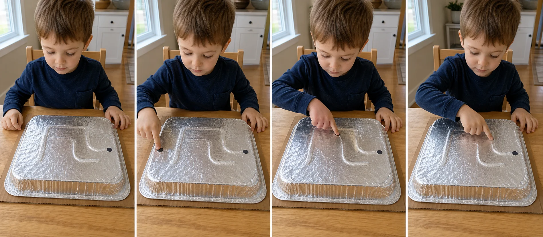 A three-step sequence showing a grown-up setting up the hidden yarn path, a child finding the bump, and the child tracing to the finish.