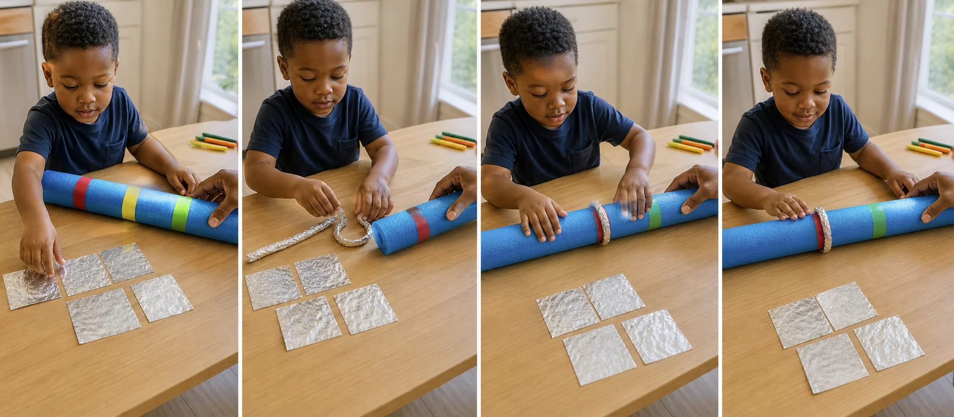 A child rolls foil into a ring, steadies a striped pool noodle, slides the ring, and stops it at the matching color.