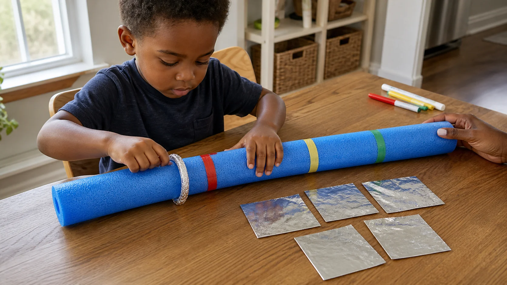A preschool child sliding a loose foil ring along a striped pool noodle toward a matching color band.