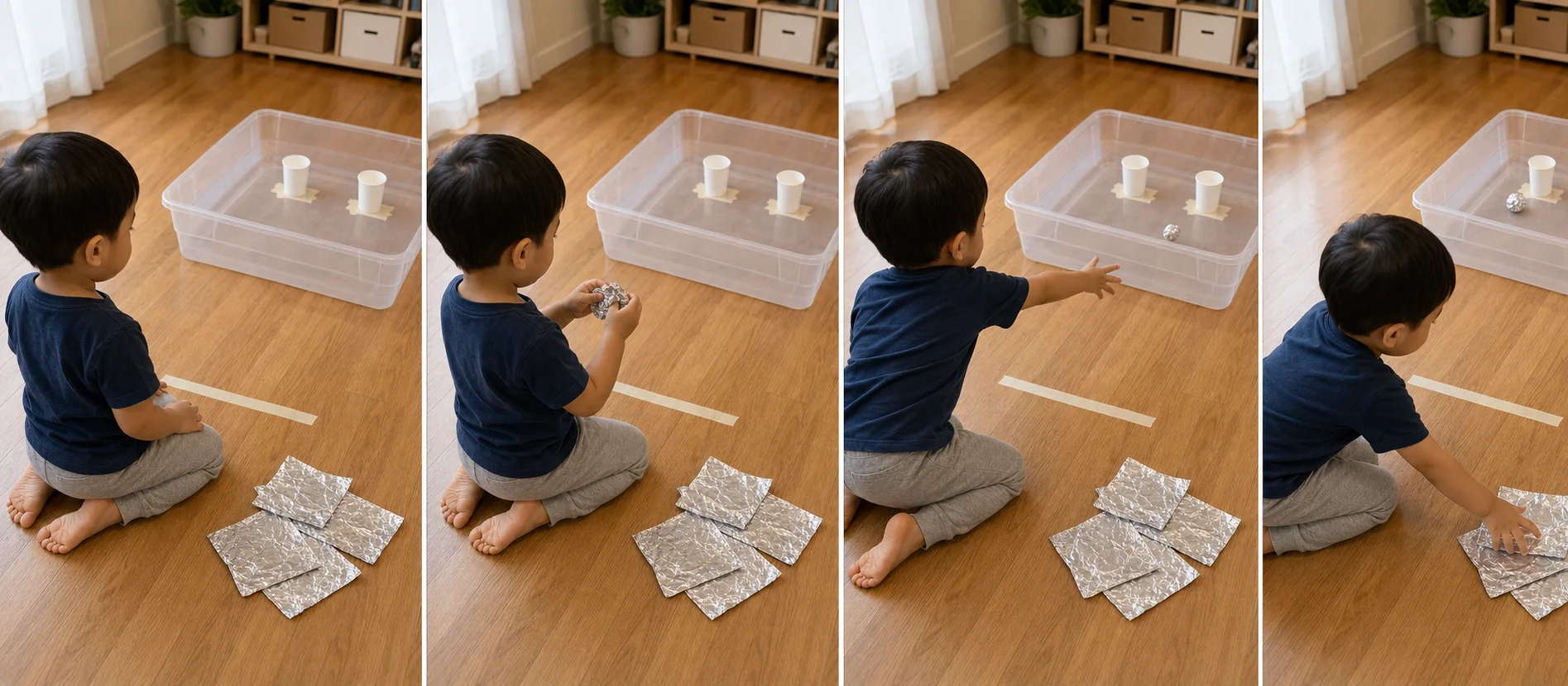 Three-step sequence showing foil crumpling, standing behind the toss line, and tossing toward taped cup targets.