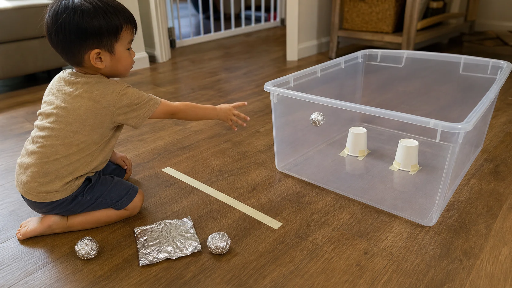 Child squeezing aluminum foil into a ball before tossing it toward paper cup targets in a plastic container.