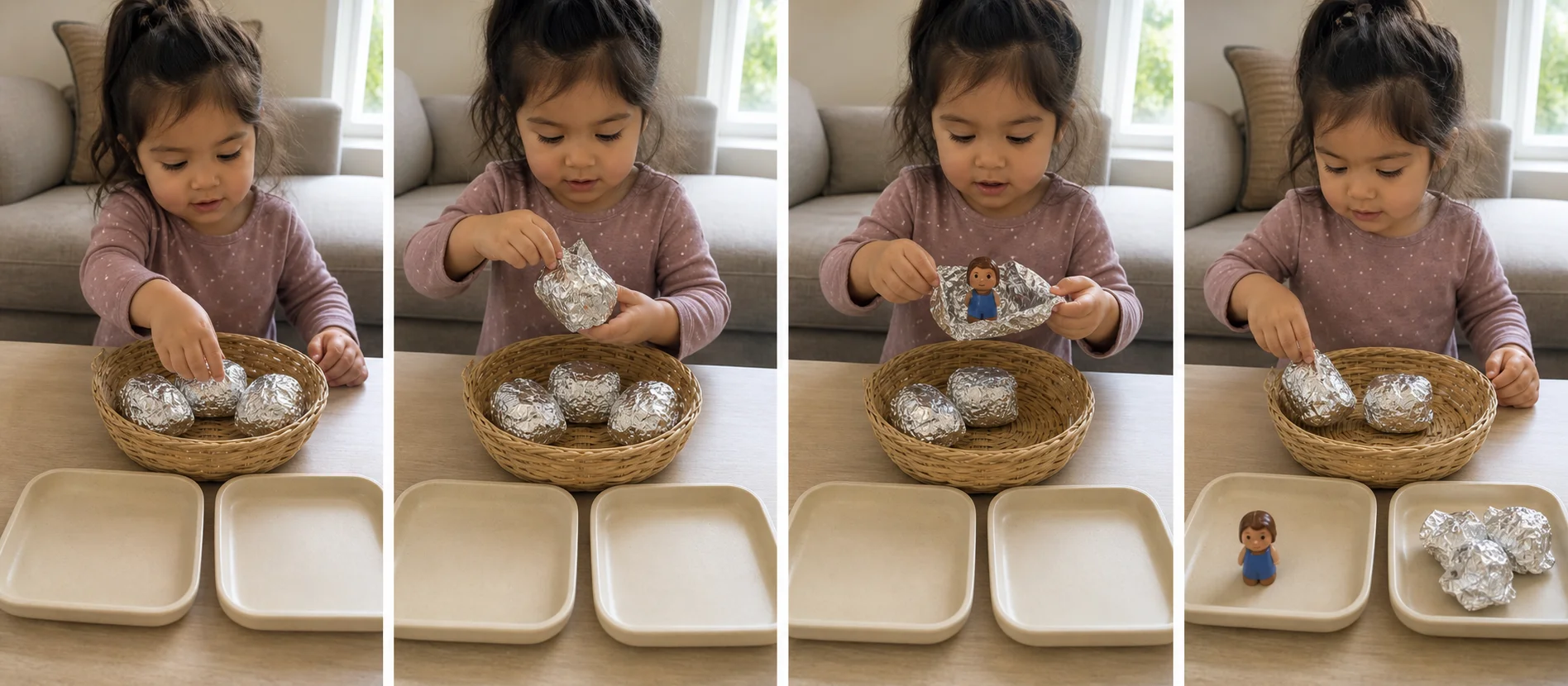 Four panels show toys wrapped in foil, a toddler peeling one open, the toy being revealed, and the toy and foil sorted on trays.