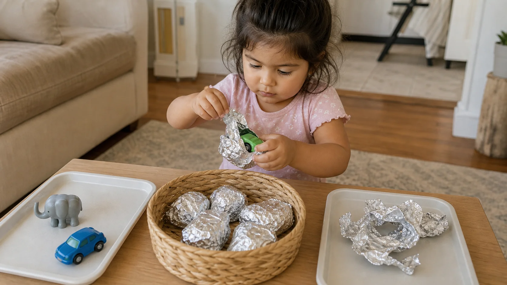 A toddler sitting at a low table peeling foil from a wrapped toy with two trays nearby for toys and foil.