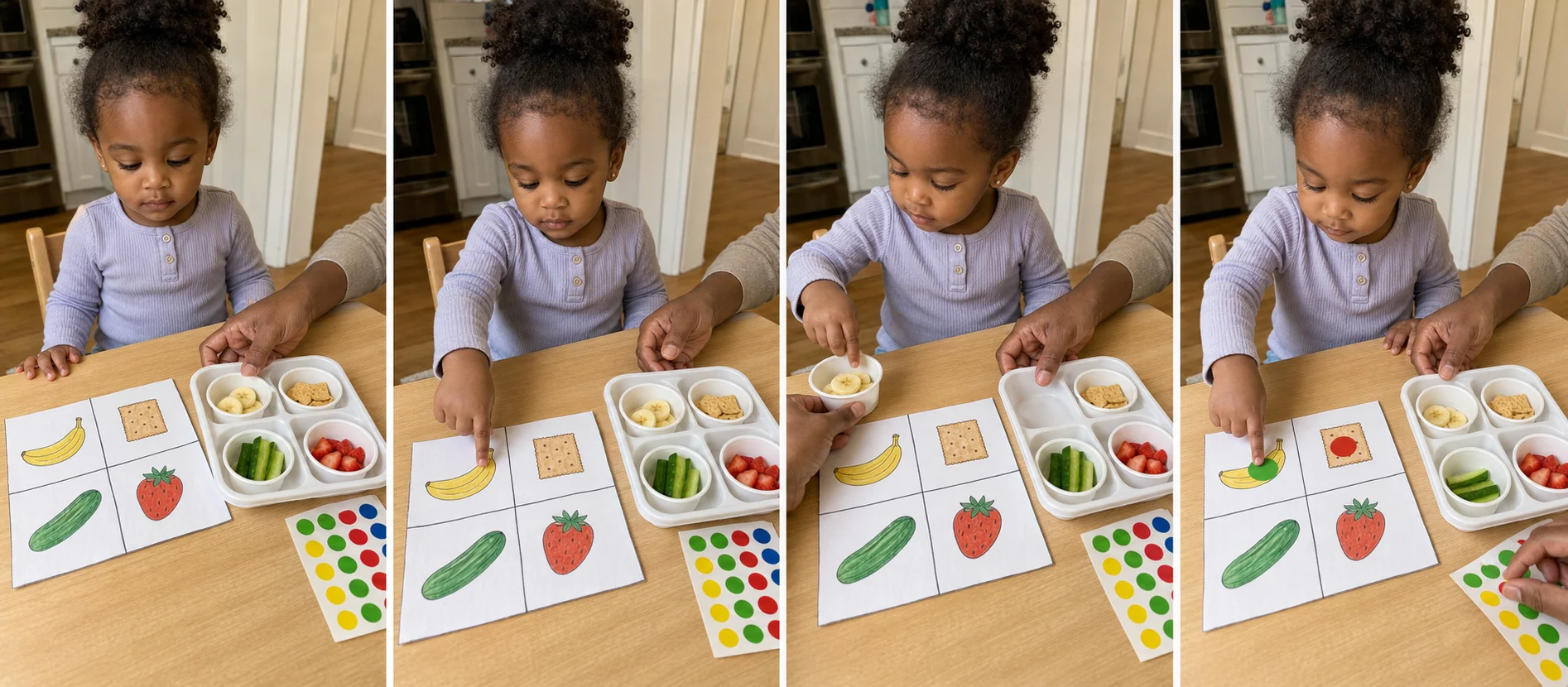 Three panels showing a child choosing a food picture, exploring the matching sample, and placing a sticker on the square.
