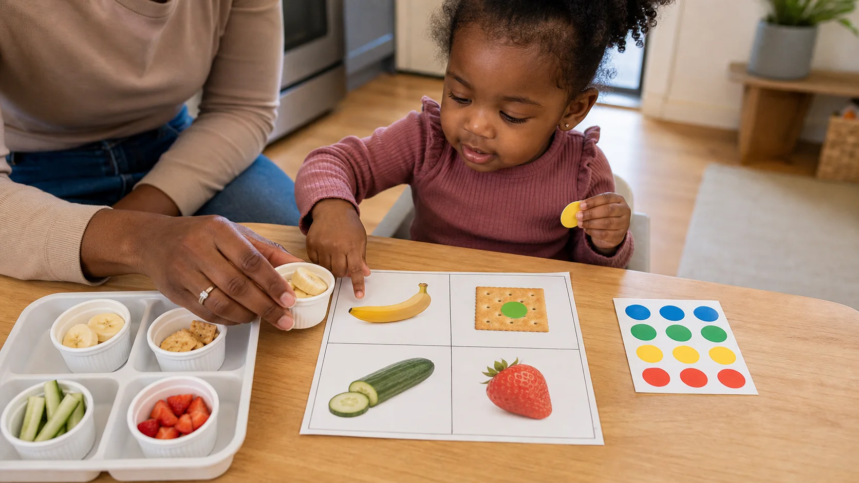 A toddler matching a food picture to a small sample on a bingo card with stickers nearby.