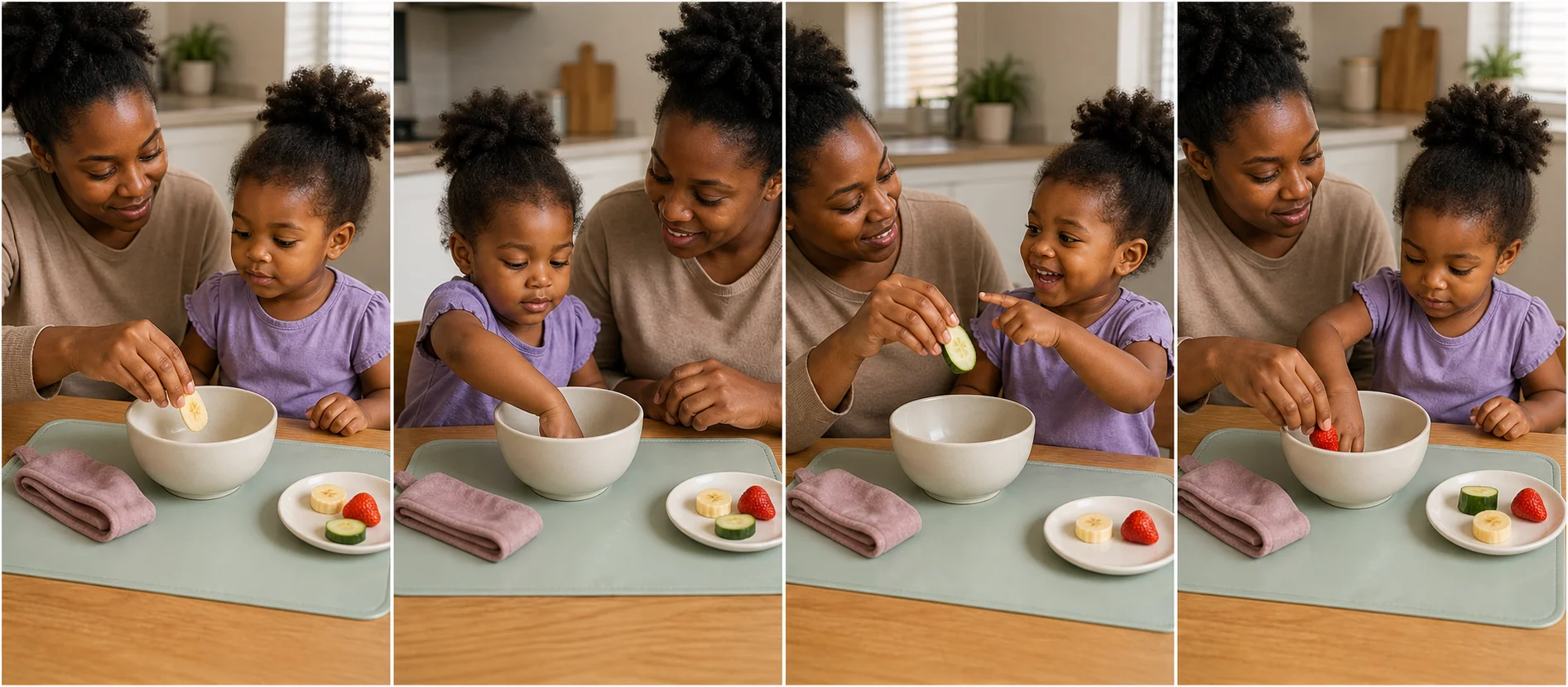 Four panels showing a grown-up hiding one familiar food in a bowl, a child feeling it by touch, the reveal of the food, and the next food being placed in the bowl.