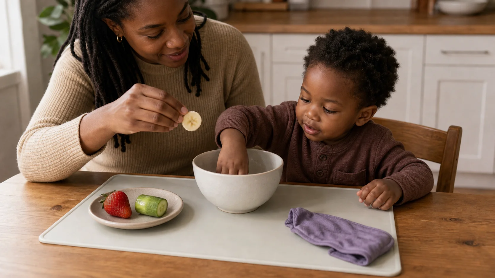 A young child reaches into a bowl to feel a hidden familiar food while a grown-up sits nearby ready to reveal it.
