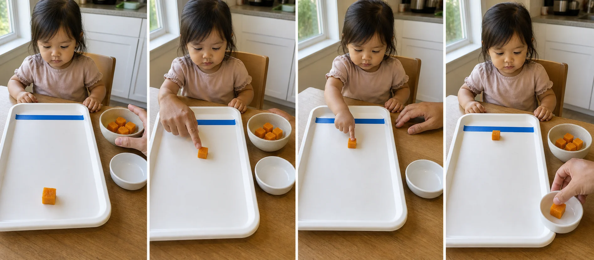 Sequence showing a grown-up setting up a tape goal, a child pushing one food piece, naming where it stops, and moving it to the used-food bowl