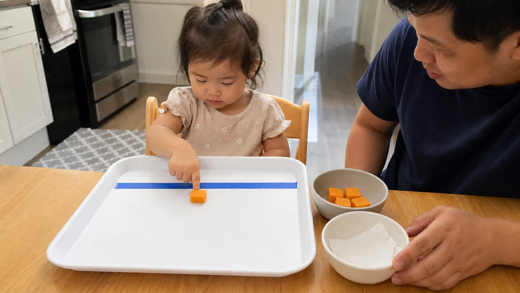 Child pushing one safe finger-food piece across a wipeable tray toward a tape goal line while a grown-up holds the used-food bowl nearby