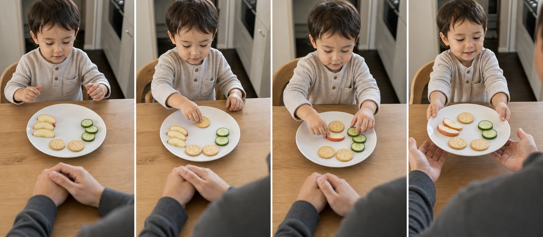 A multi-panel sequence showing a grown-up setting out one plate with a few foods, a child arranging the foods, serving the plate, and resetting it for another pretend customer turn.