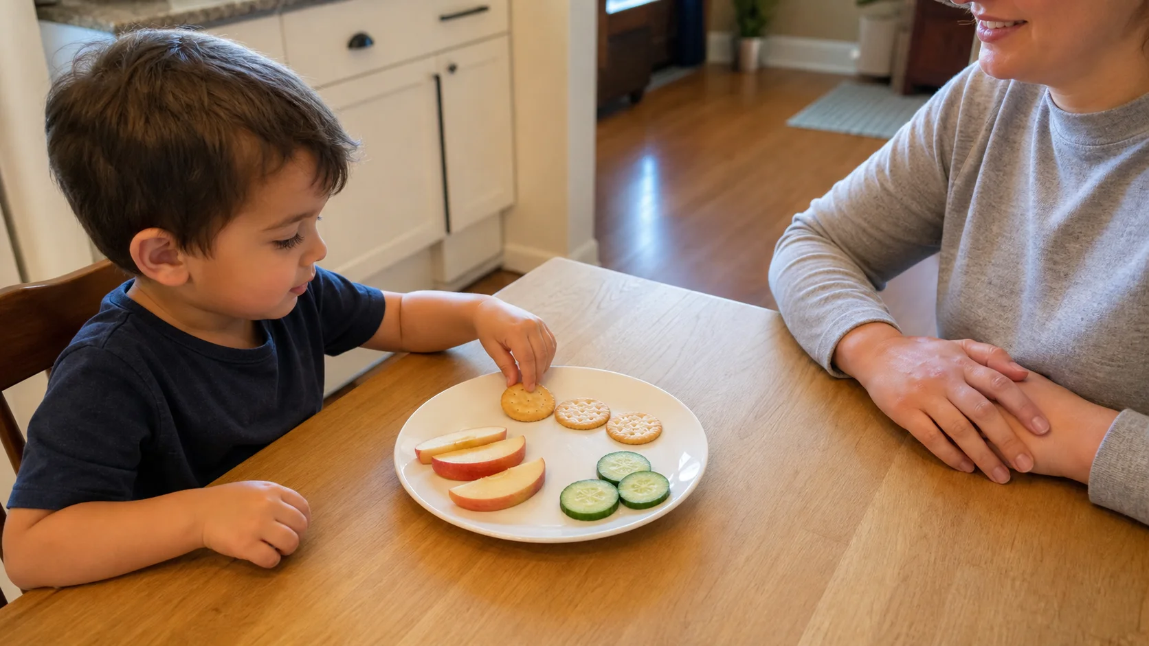 A toddler arranges a few familiar foods on a plate while a grown-up waits as the pretend restaurant customer across the table.