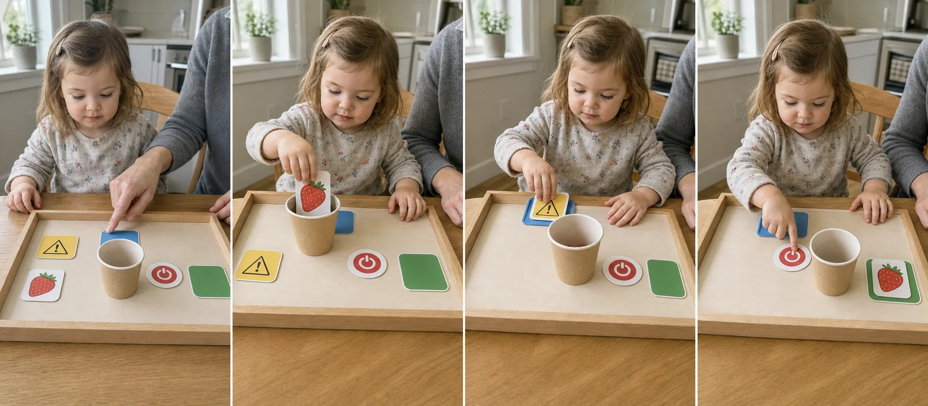 Three panels showing a child putting in a pretend food card, moving the warning card, tapping off, and placing the card on done.