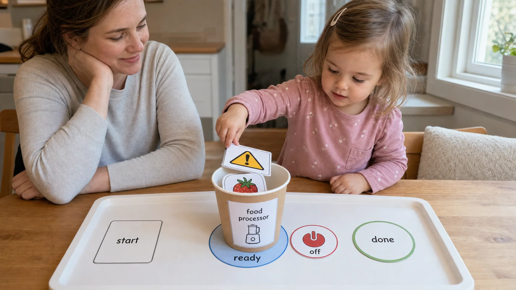 Toddler moving a warning card beside a pretend food processor cup while a grown-up watches.
