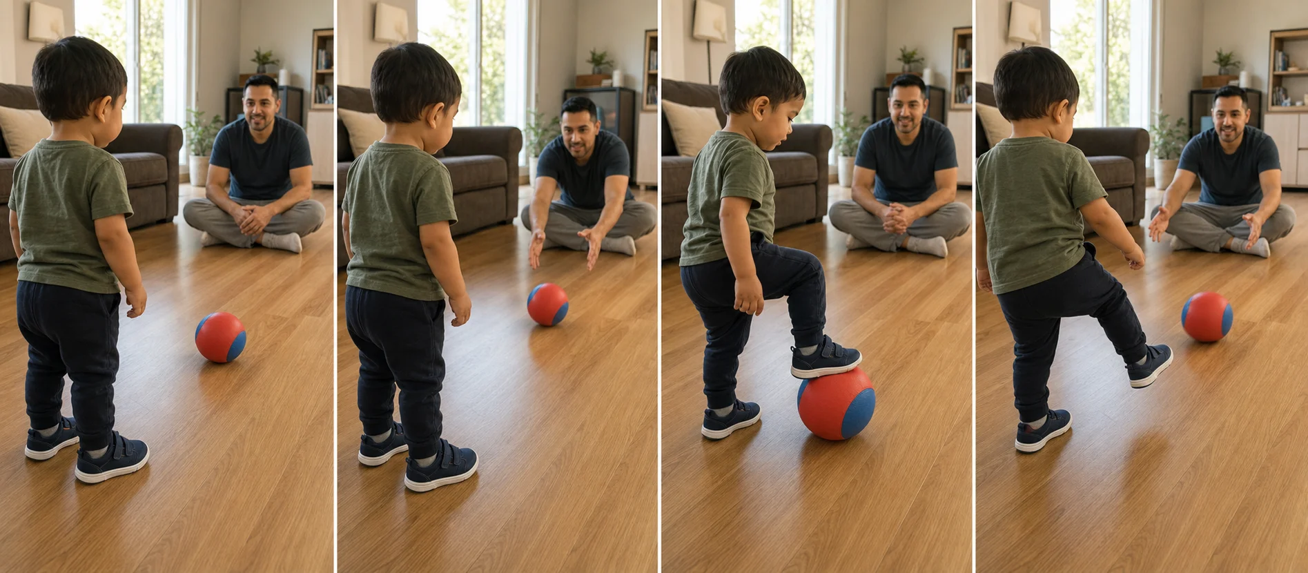 Multi-panel sequence showing a grown-up rolling a soft ball, the child stopping it with one foot, holding it still, and rolling it back.