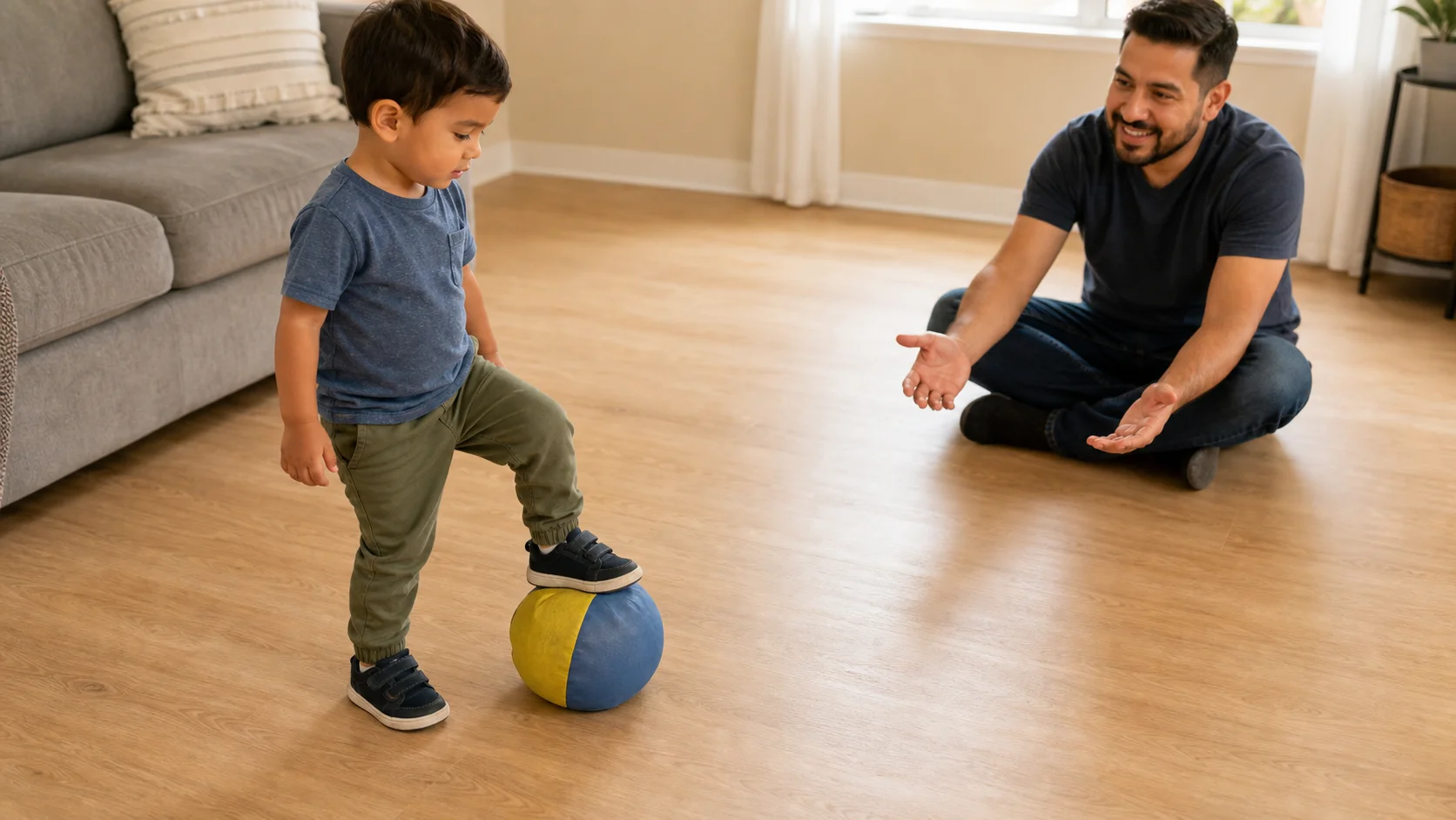 Toddler stopping a soft ball with one foot while a grown-up sits nearby in a clear play lane.