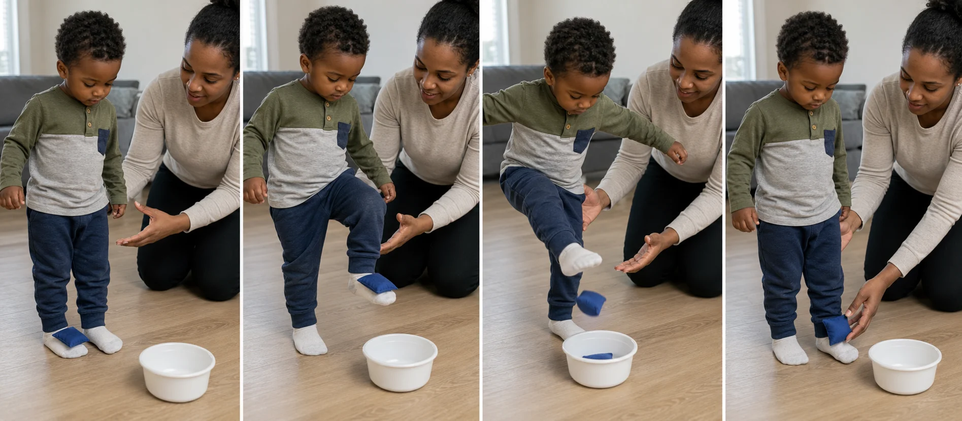 Sequence showing beanbag placed on foot, child lifting slowly, beanbag dropping into a close target, and child resetting for another turn
