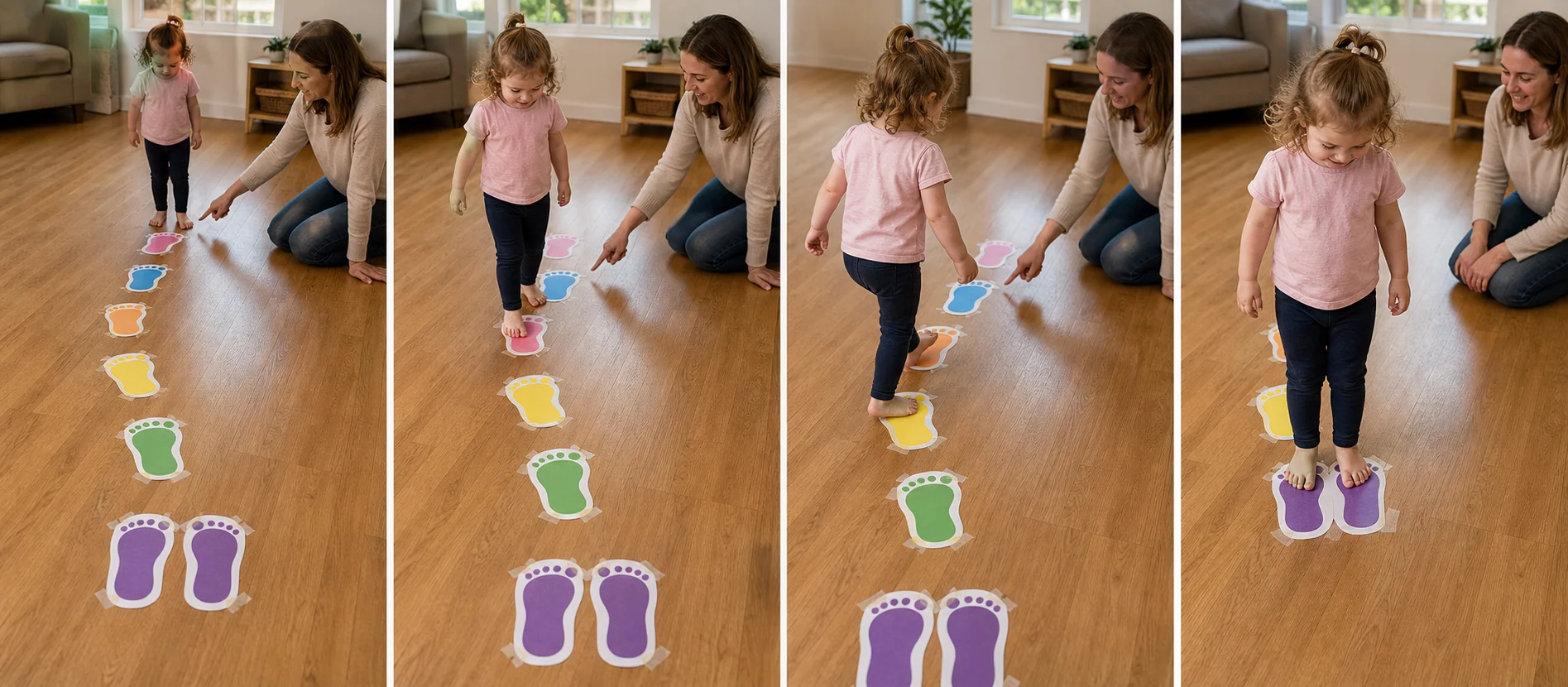 Panels showing the setup of floor markers, the child following each marker, and the two-foot finish.