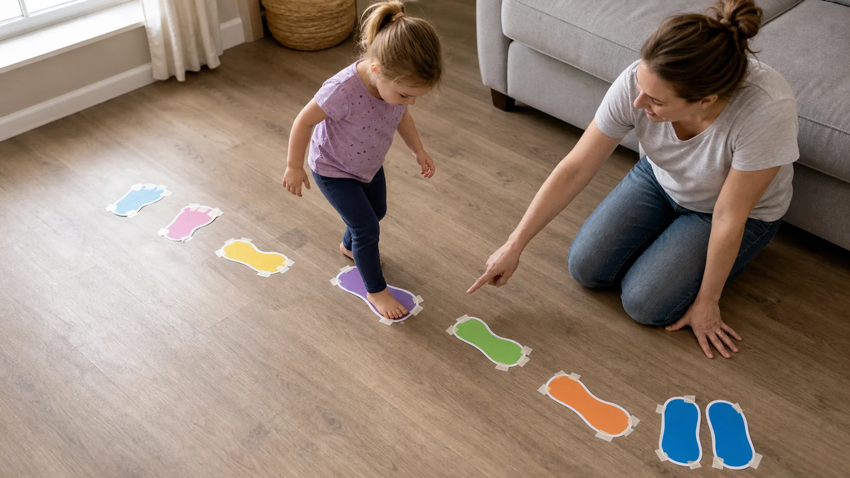 Child stepping onto taped paper footprint markers on a clear indoor floor with a caregiver nearby.