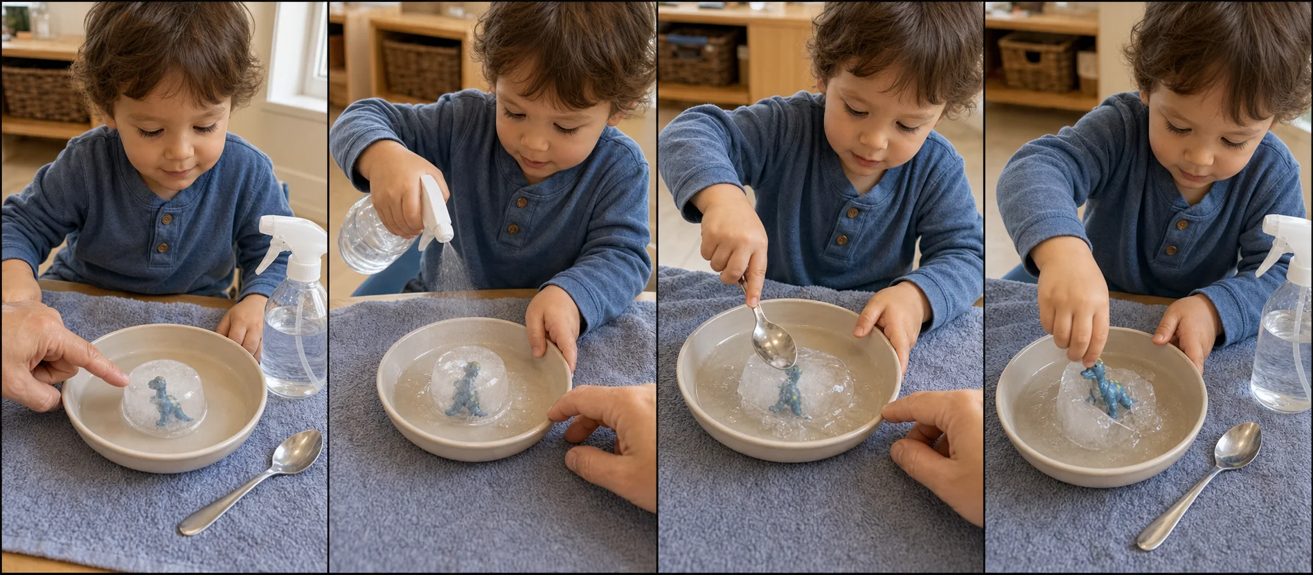 Four panels showing a toy frozen in a small container, the frozen block placed in a bowl, a child spraying and tapping the ice, and the freed toy being pulled out.