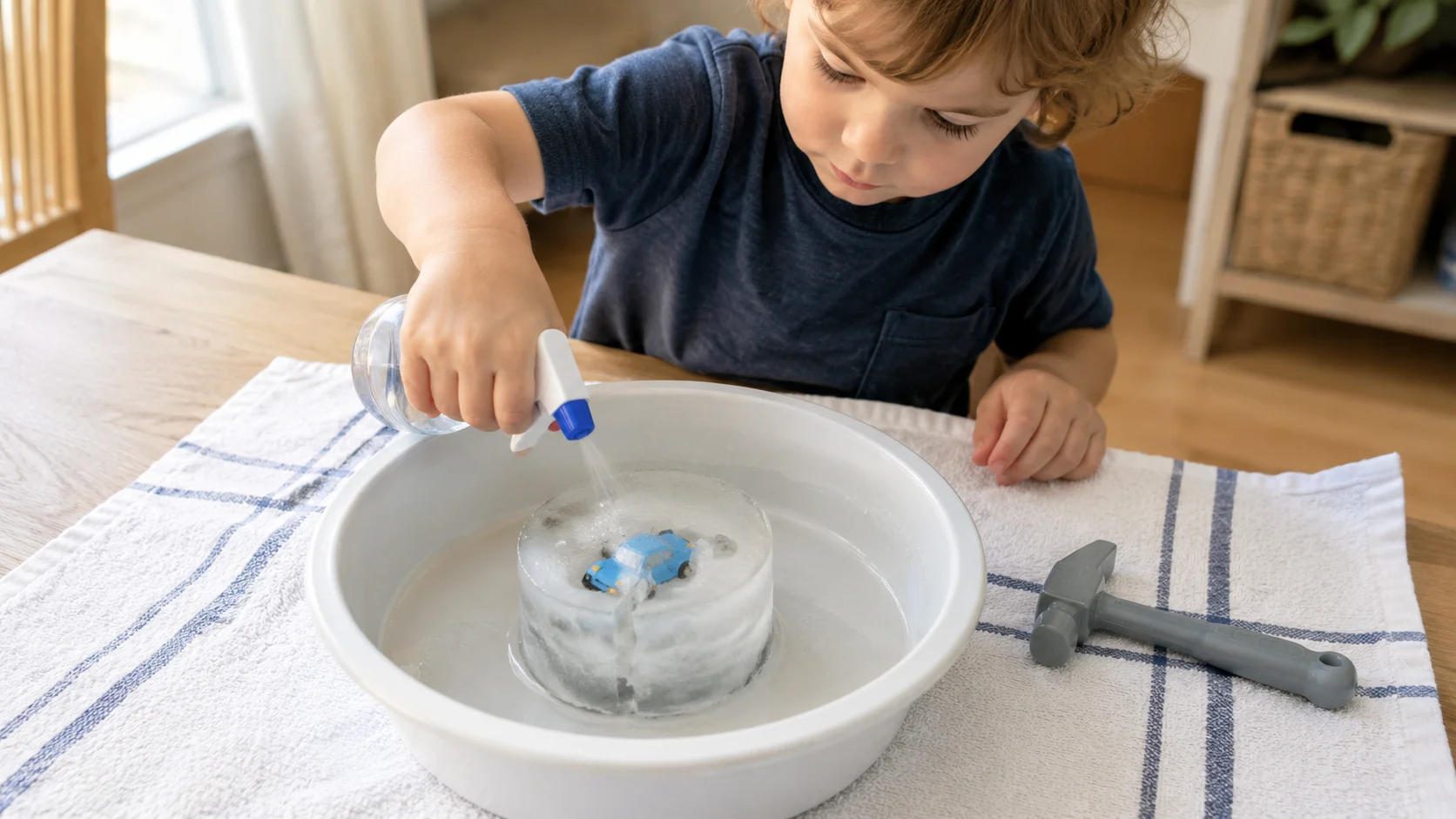 A young child sprays warm water onto a small toy frozen in ice inside a shallow bowl while a grown-up watches nearby.