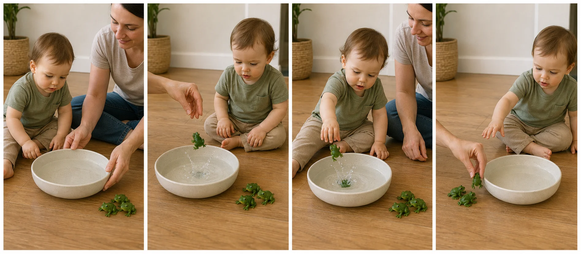Four panels showing a grown-up setting out a shallow water bowl and toy frogs, modeling one splash, a toddler dropping a frog in, and the frog returning for the next turn.
