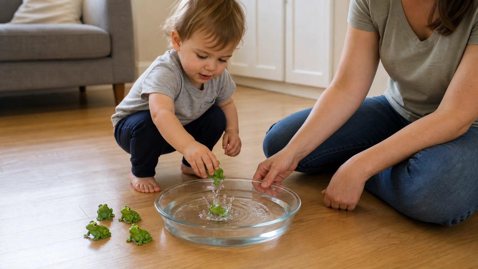 A toddler dropping a toy frog into a shallow bowl of water while a grown-up sits close beside the activity.