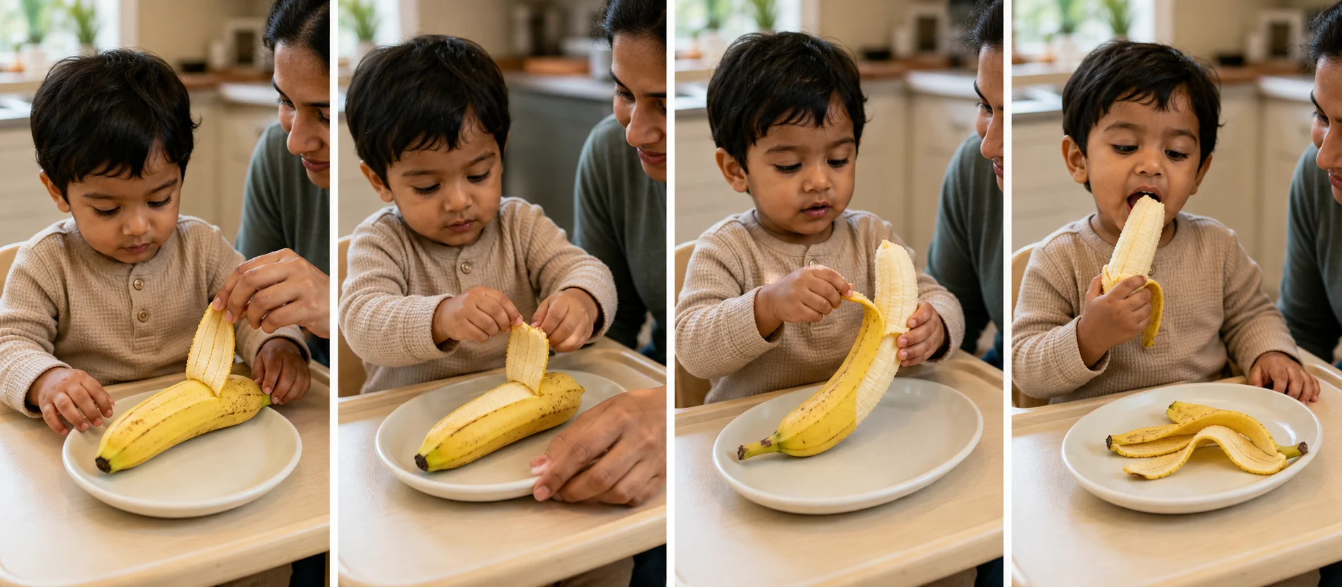 Four panels showing a grown-up starting a fruit peel, a toddler grabbing the loose flap, the child pulling off another peel section, and the peeled fruit ready to eat.