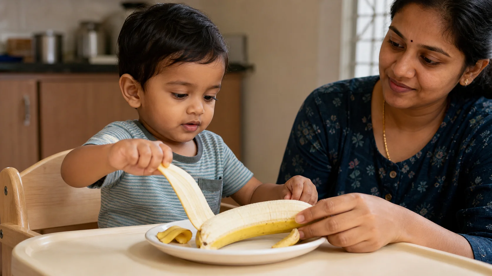 A toddler at the table pulling a started banana peel down while a grown-up sits close beside them.