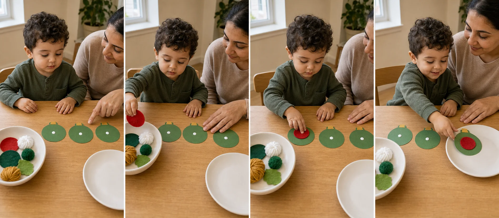 Three-step toddler ornament craft showing a child choosing a soft piece, pressing it onto an ornament, and sliding it to finished.