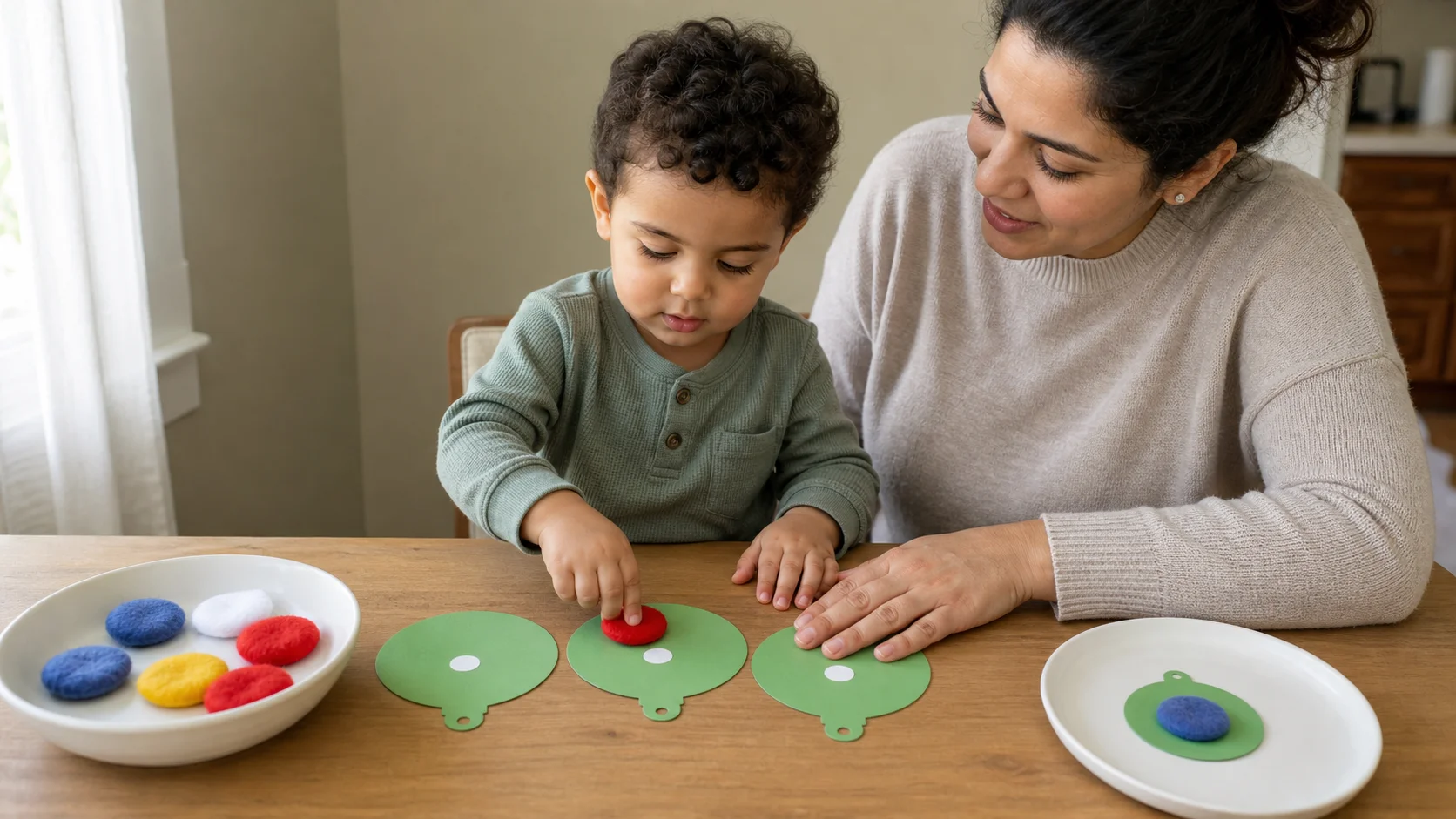 Toddler pressing a soft felt piece onto a paper ornament at a quiet glitter-free craft table.