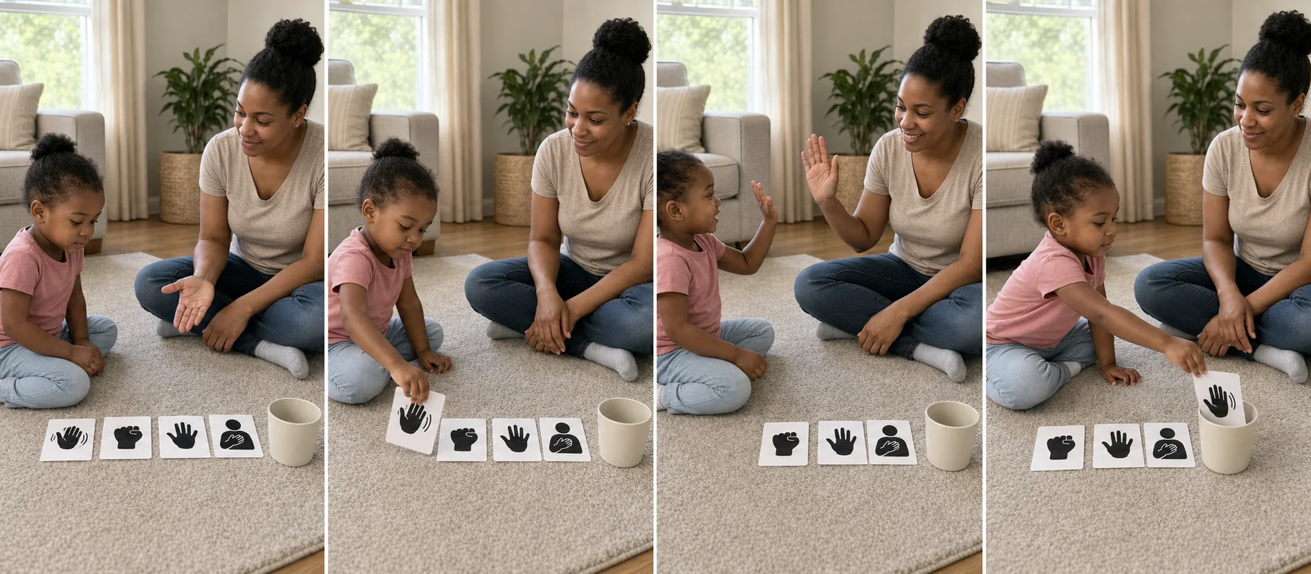 Four panels show a child picking a hello card, greeting a grown-up with a wave, dropping the card in a cup, and choosing another hello.