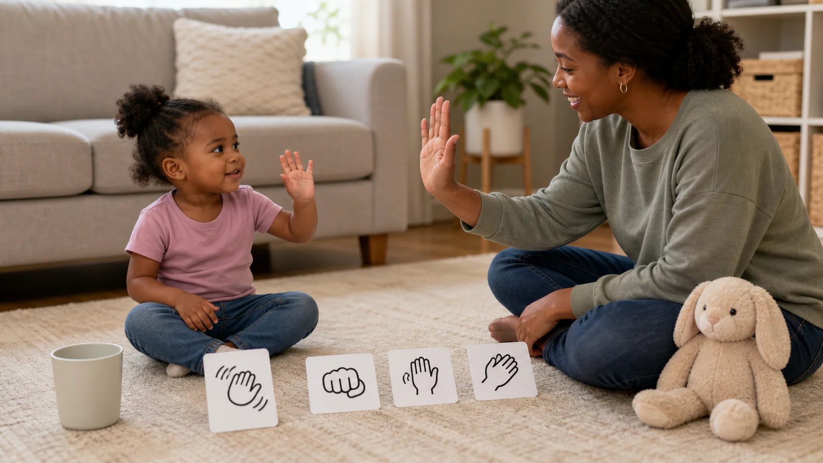 A toddler choosing a hello card from a short row while a grown-up and a stuffed animal sit nearby with a done cup beside the cards.